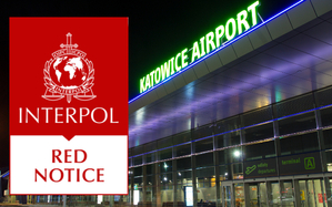 Zdjęcie poglądowe - MPL Katowice-Pyrzowice i logo Interpol - Czerwona Nota Zdjęcie poglądowe INTERPOL