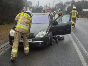 Funkcjonariusz pożarnictwa otwiera maskę uszkodzonego samochodu. Auto ma otwarte drzwi od strony kierowcy. Za samochodem znajdują się inni strażacy. Funkcjonariusz pożarnictwa otwiera maskę uszkodzonego samochodu. Auto ma otwarte drzwi od strony kierowcy. Za samochodem znajdują się inni strażacy.