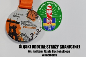  Medal z napisem: 16-18.06.2025 Racibórz. Mistrzostwa Straży Granicznej w Koszykówce 3x3. Napis na teczce: Śląski Oddział Straży Granicznej im. nadkom. Józefa Bocheńskiego w Raciborzu.