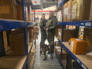  Dwóch funkcjonariuszy Straży Granicznej, pies, regały z paczkami.