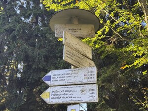 Tablice informacyjne z opisem szlaków i odległościami.